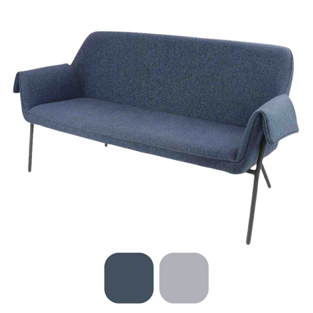 Liana two seater sofa with black metal frame – mid-blue/ light grey